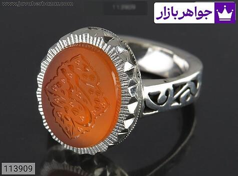 انگشتر نقره عقیق یمنی نارنجی خاک تربت کربلا مردانه دست ساز [یا امیرالمومنین] - 113909